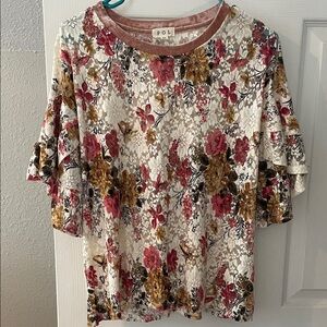 POL Women's Floral Lace Top - Red, Pink, Gold